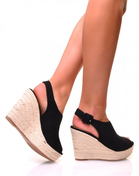 Black suedette sandals with openwork front and wedge heels