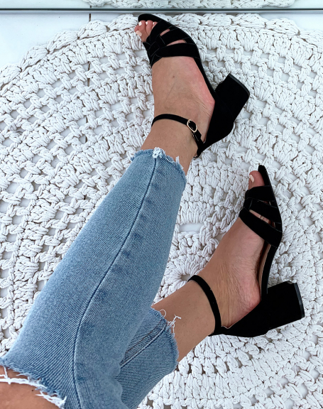 Black suedette sandals with small square heels and wide fancy straps