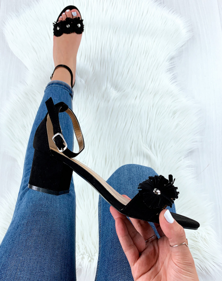 Black suedette sandals with square heel and studded strap