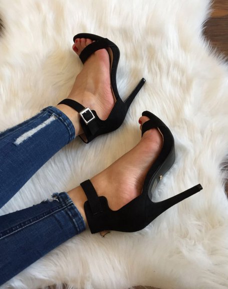 Black suedette sandals with stiletto heels and wide straps