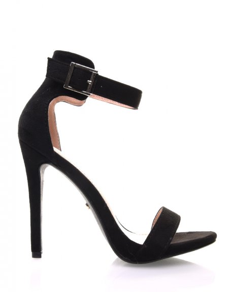Black suedette sandals with stiletto heels and wide straps