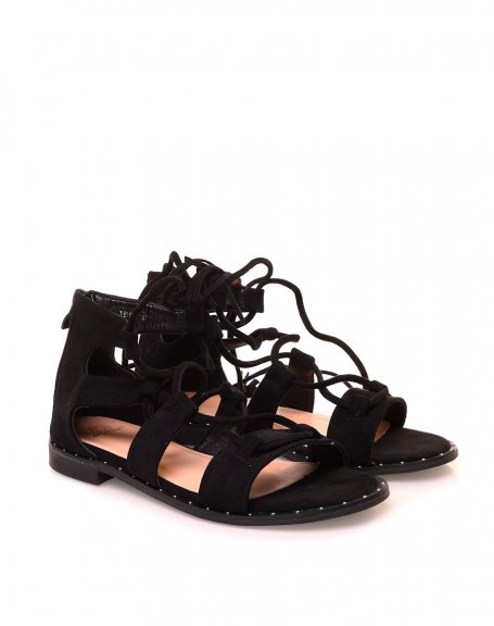 Black suedette slippers with crisscrossing multi-straps