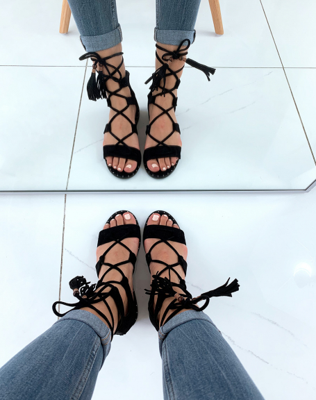 Black suedette slippers with crisscrossing multi-straps