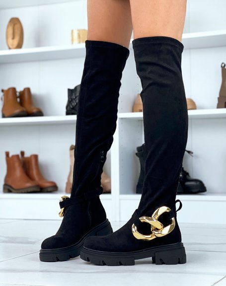 Black suedette thigh-high boots with gold chain