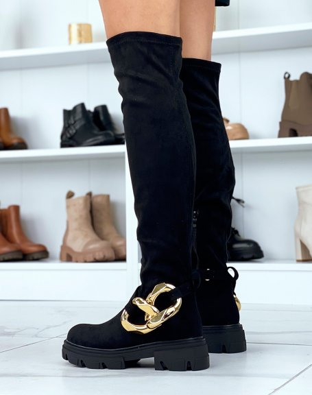 Black suedette thigh-high boots with gold chain