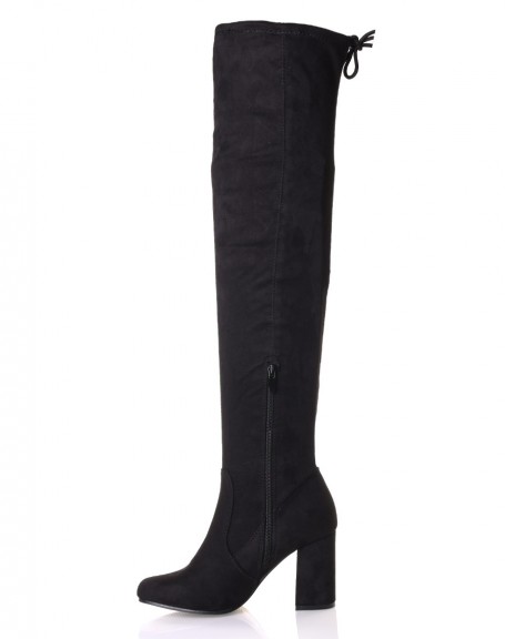 Black suedette thigh-high boots with heels