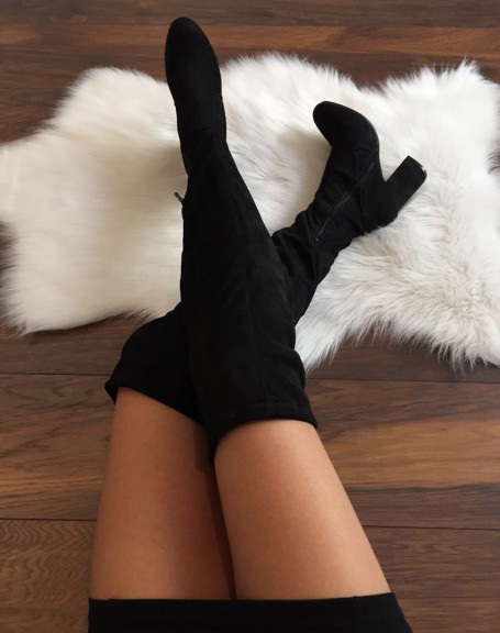 Black suedette thigh-high boots with heels