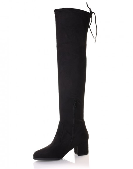 Black suedette thigh-high boots with mid heels