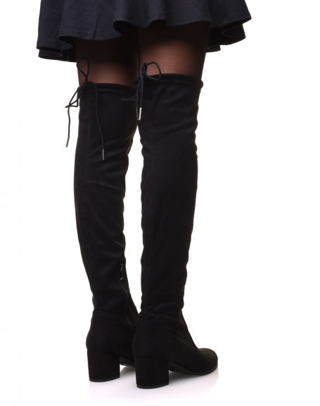 Black suedette thigh-high boots with mid heels