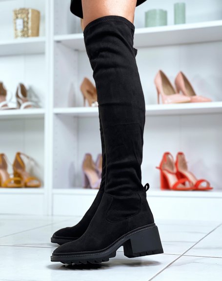 Black suedette thigh-high boots with square toe and low heel