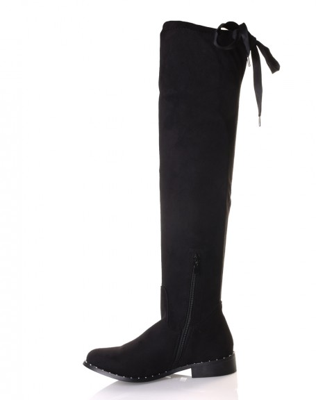Black suedette thigh-high boots with studded soles