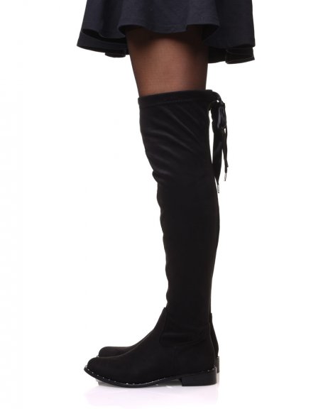 Black suedette thigh-high boots with studded soles