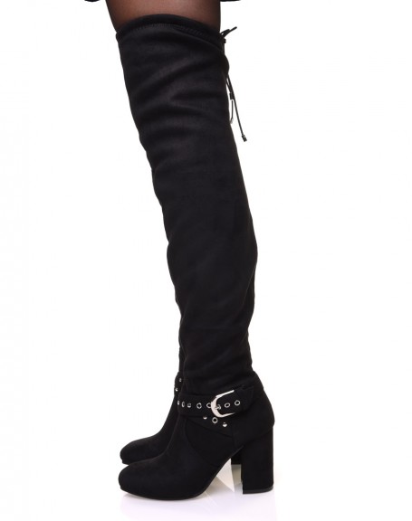 Black suedette thigh-high boots with studded straps
