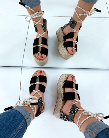 Black suedette wedge espadrilles with chunky rope laces
