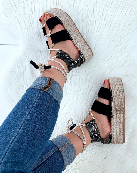 Black suedette wedge espadrilles with chunky rope laces