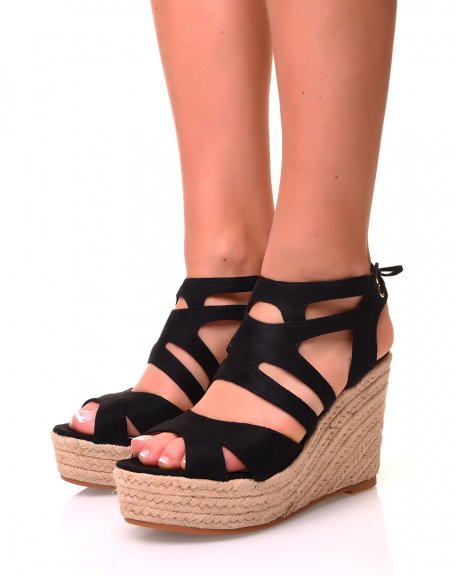 Black suedette wedge heel sandals