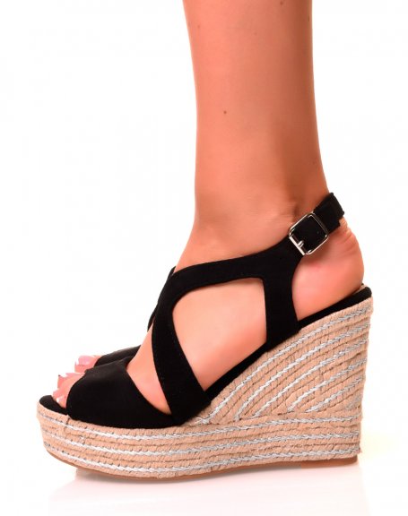 Black suedette wedge sandals with silver details