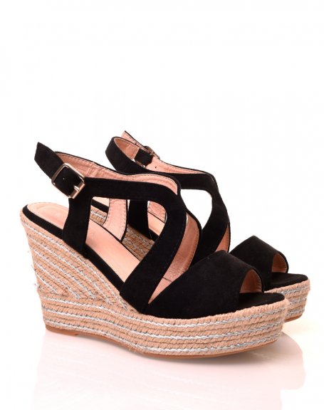 Black suedette wedge sandals with silver details