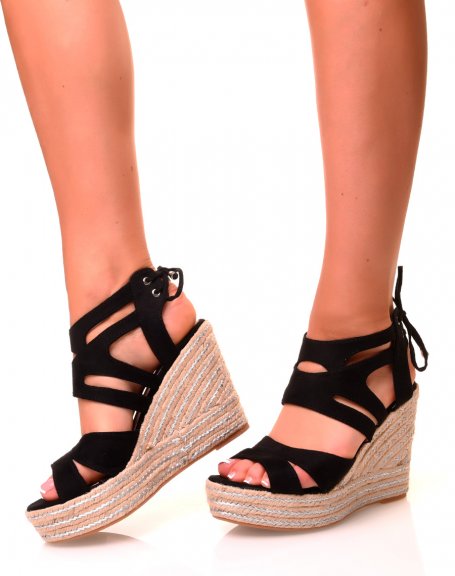Black suedette wedge sandals with silver details and laces