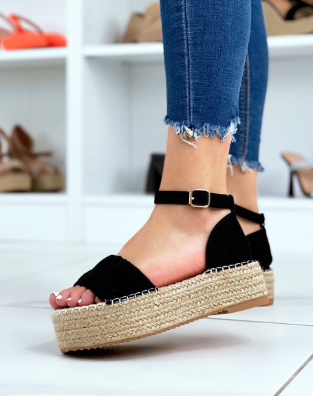Black suedette wedge sandals with thick pleated strap