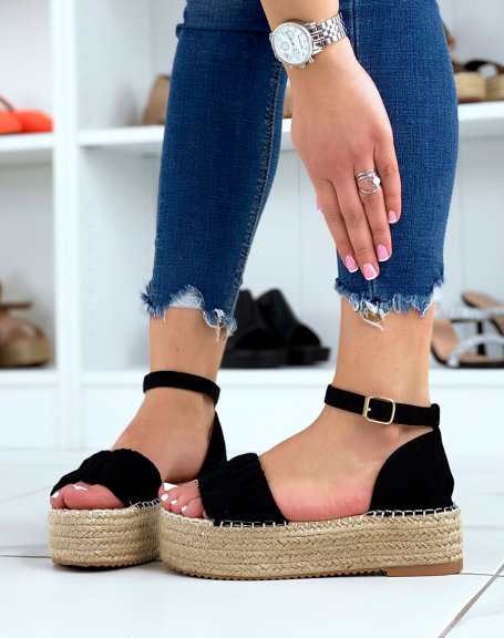 Black suedette wedge sandals with thick pleated strap