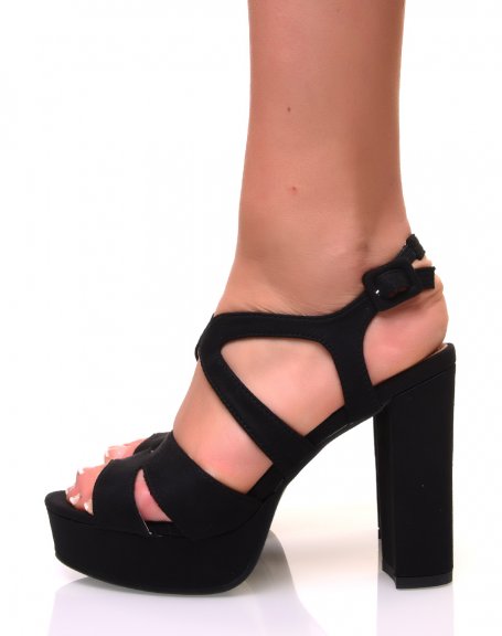 Black suedette wide platform sandals with square heels