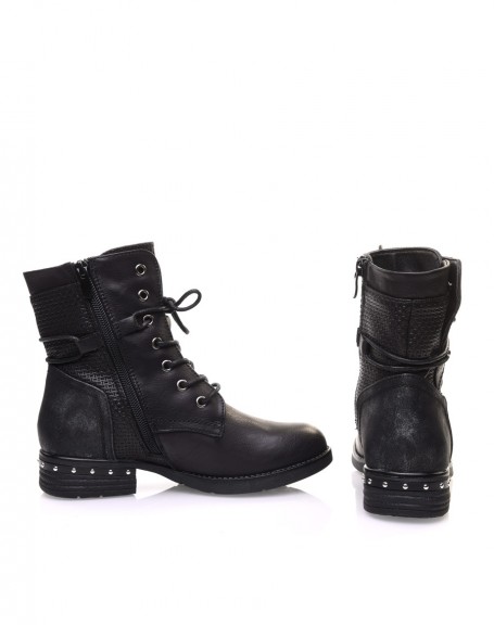 Black textured lace-up ankle boots