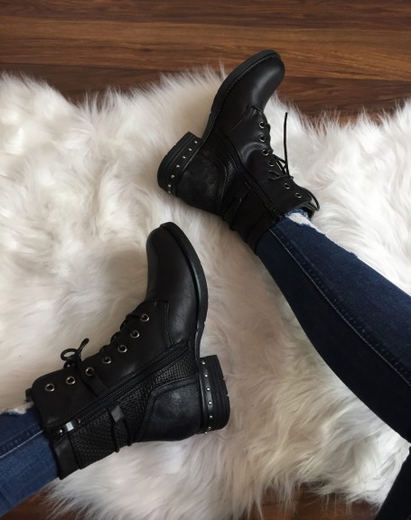 Black textured lace-up ankle boots