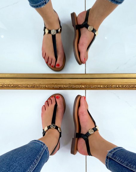 Black toe-toe sandals with gold detail
