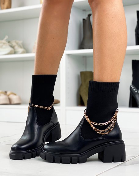 Black Triple Chain Sock Heel Ankle Boots
