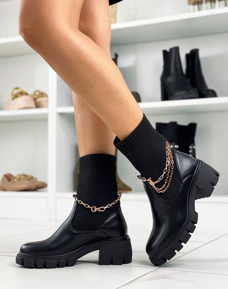 Black Triple Chain Sock Heel Ankle Boots