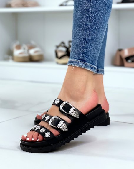 Black triple strap mules with silver jewels