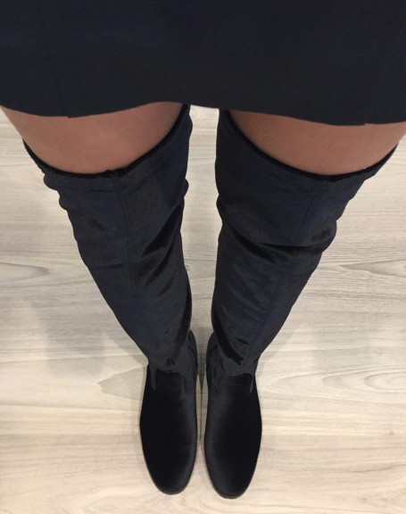 Black velvet flat thigh high boots