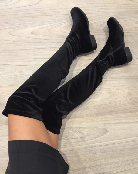 Black velvet flat thigh high boots
