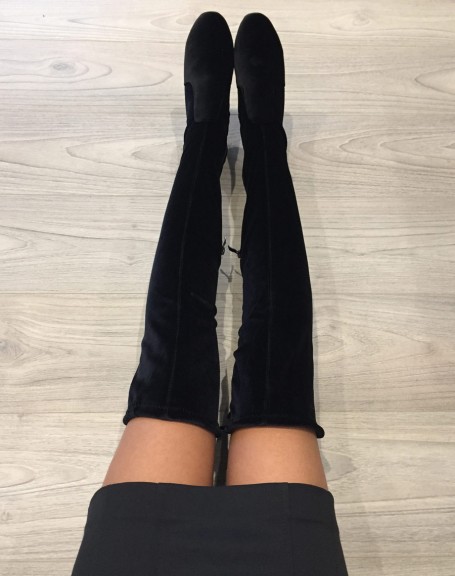 Black velvet over-the-knee boots with transparent heel