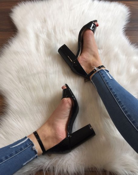 Black waxed heeled sandals