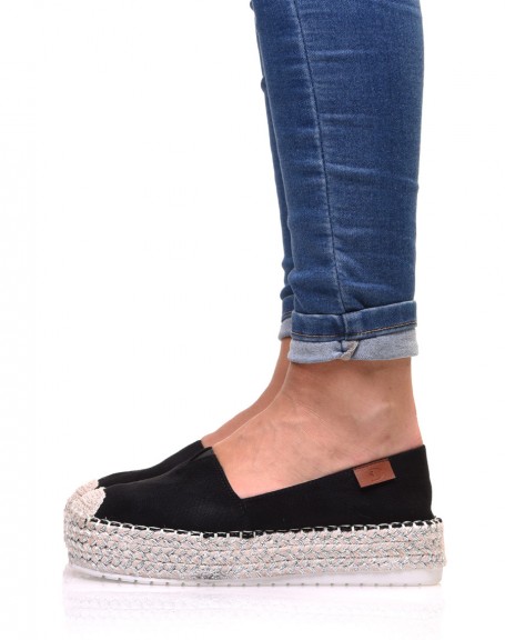 Black wedge espadrilles with silver braided sole