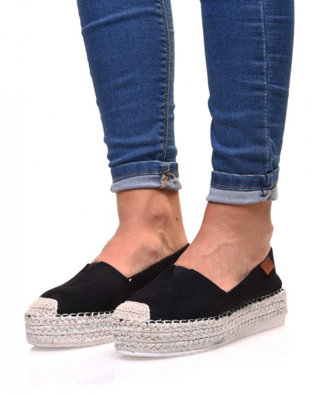 Black wedge espadrilles with silver braided sole