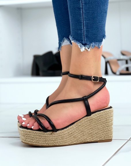 Black wedge sandals with crossed straps