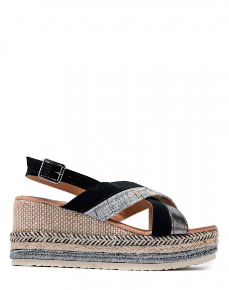 Black wedge sandals with crossed tweed straps and decorated sole