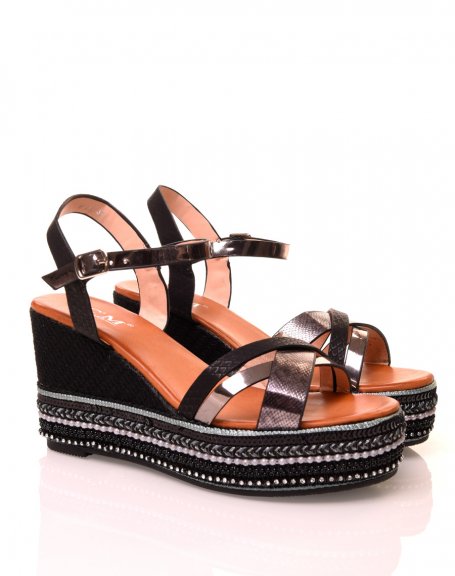 Black wedge sandals with fancy platform