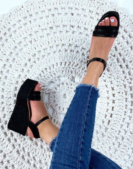 Black wedge sandals with wide braided straps