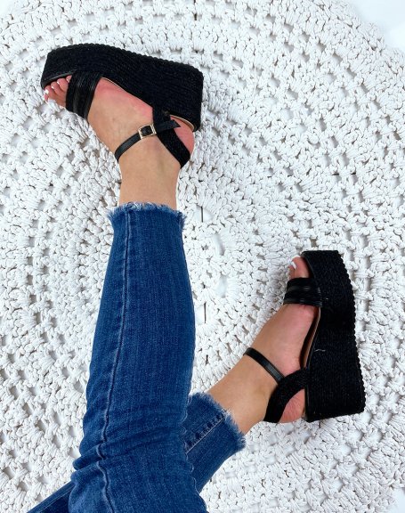 Black wedge sandals with wide braided straps