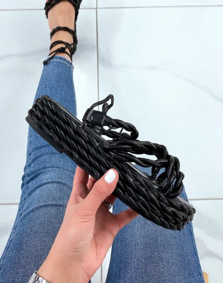 Black wedges with long straps and braided sole