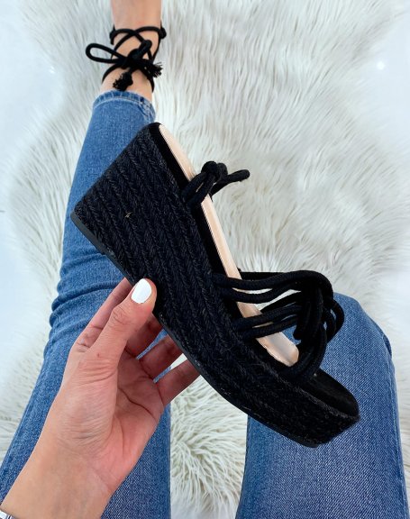 Black wedges with long straps and jute sole