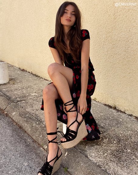 Black wedges with multiple straps and long straps