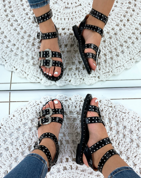Black western style flat sandals