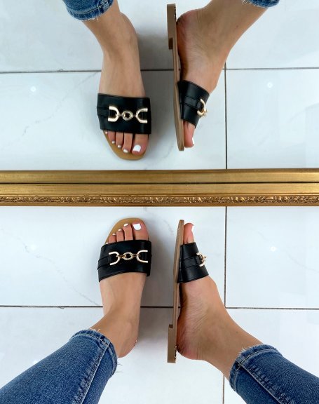 Black wide strap mules with gold detail