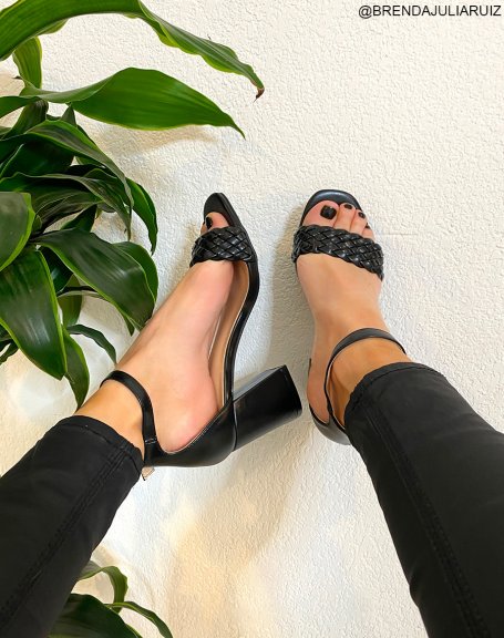Black woven block heel sandals