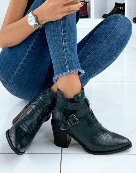 Blue ankle boots with croc-effect heels and double straps